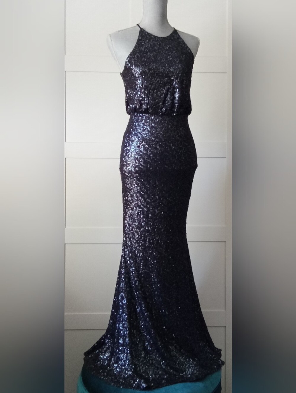 $650 BADGLEY MISCHKA BLACK Sequin Mermaid Maxi GOWN US 2